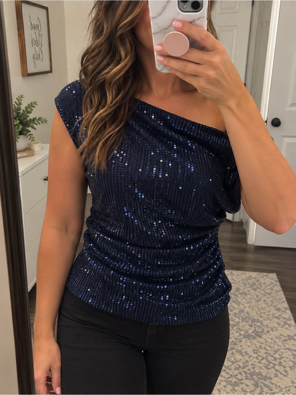 Size L Grace Karin Navy Blue Sequin Cowl Neck Party Top